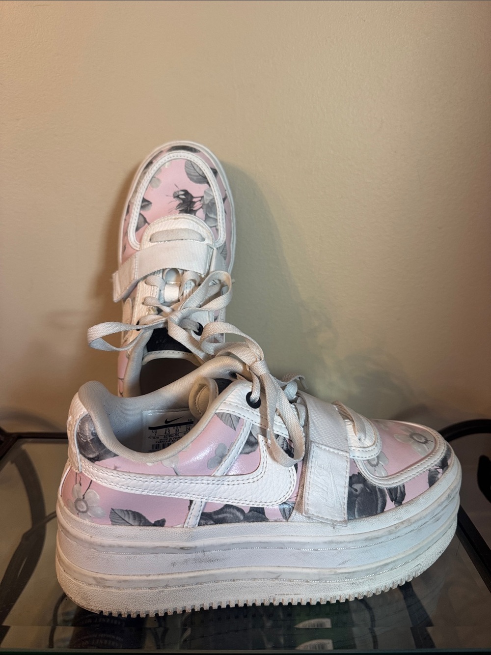 Nike White and Pink Floral Platform Sneakers